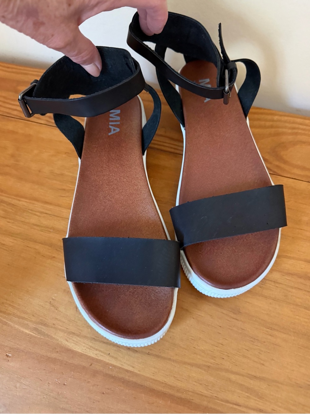 MIA Black Ankle-Strap Platform Sandals with Brown Footbed